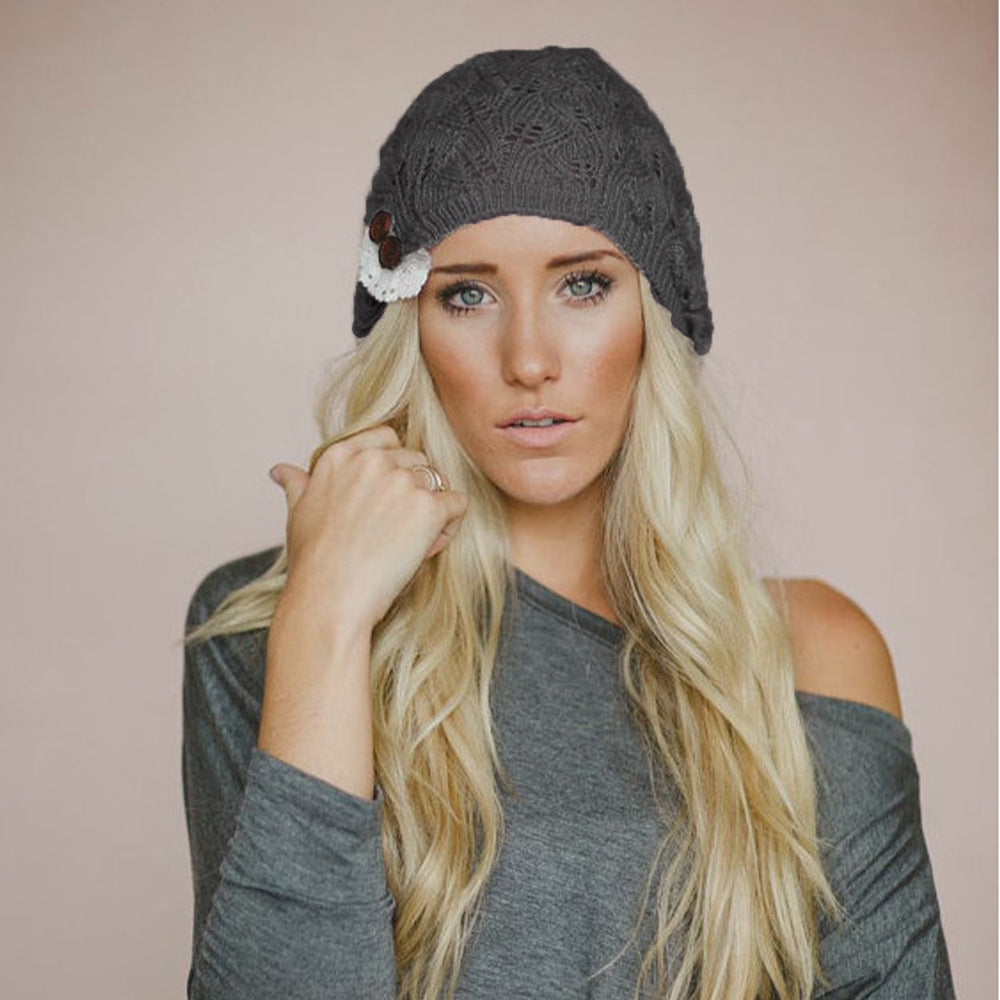 Wholesale Pure Woolen Hat Hollow Leaf Lace Button Knitted Hat